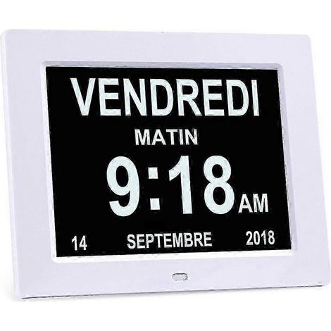 Une horloge calendrier numérique LCD de 8 pouces avec affichage de la date, de l'heure et du jour de la semaine, conçue spécialement pour les seniors. (1/5)