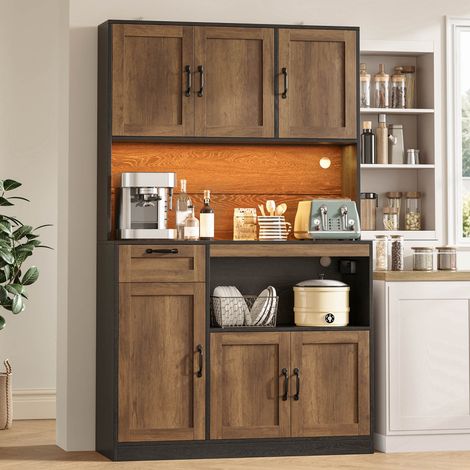 Meuble de cuisine, armoire haute avec LED et prises, garde-manger 6 portes et 1 tiroir, vitrine salon salle à manger, 110 x 40 x 180 cm (1/5)