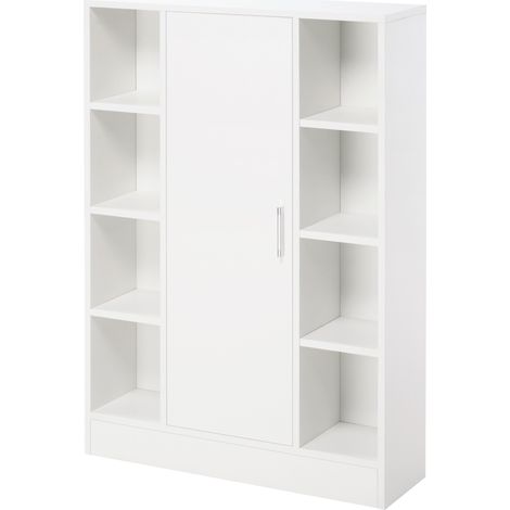 Meuble bas de salle de bain étroit blanc huit compartiments ouverts et porte. Rangement optimisé aménager petits espaces de vie intérieurs.