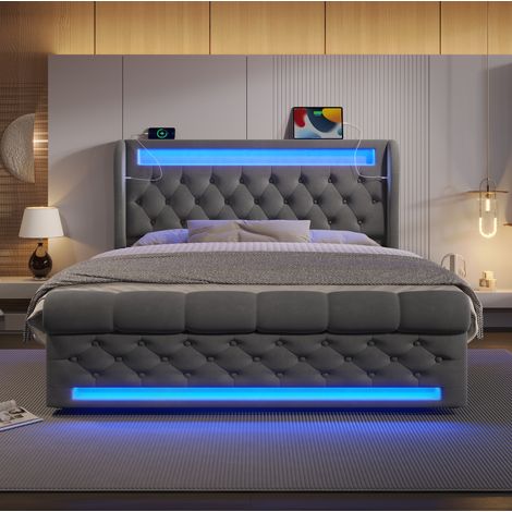 cama matrimonio LED con almacenaje terciopelo 160x200 DESVIAE (1/5)