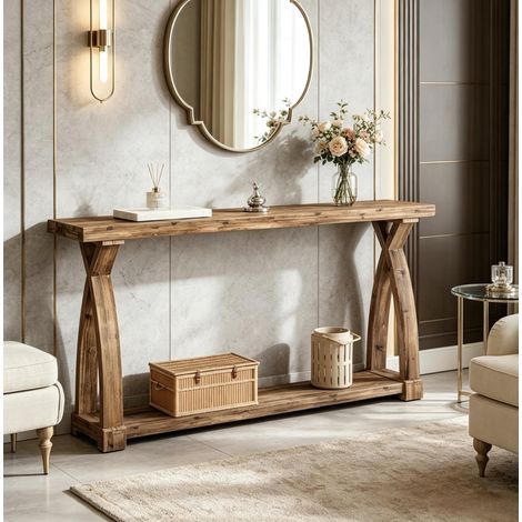 Mesa consola de madera marrón 160 x 30 x 81 cm con estante inferior OKWISH (1/5)