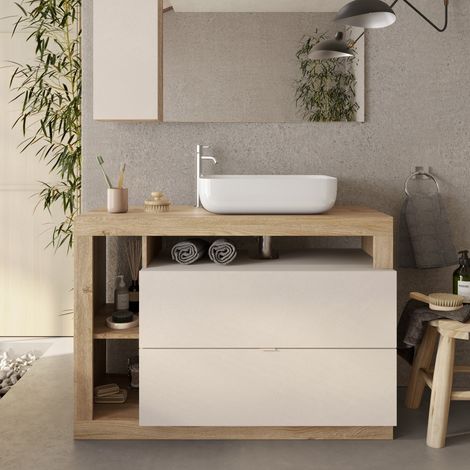 Meuble salle de bain couleur chêne et blanc + vasque L 110cm GAMA (1/5)