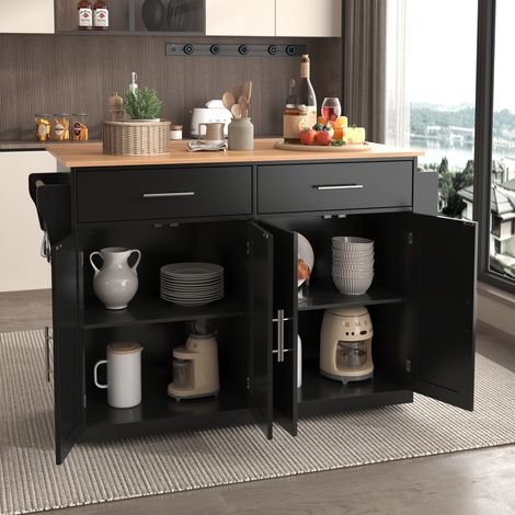 Hauss Spole – Desserte de cuisine 120x46cm – Plateau pliable en métal – 2 tiroirs et 3 portes – Corps en bois noir – Roulettes pour déplacement facile
