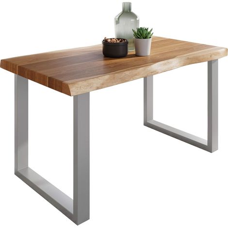 Esstisch Baumkante massiv Akazie Natur 140 x 80 U-Gestell silber ATLAS (1/5)