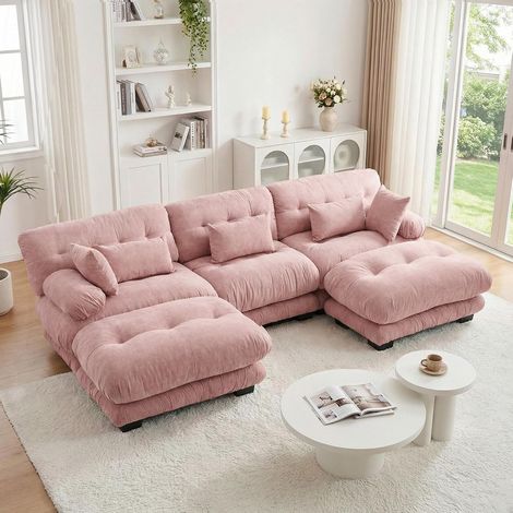 Canapé d'angle modulaire luxueux - Canapé nuage surdimensionné en forme de U pour salon, canapé-lit convertible à assise profonde avec pouf, chenille rose (1/5)