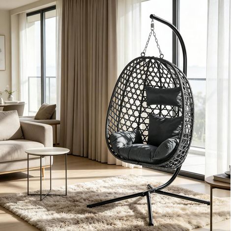 Fauteuil suspendu avec support 105x105x195 cm gris foncé, rotatif 360°, métal et rotin MEUBLIV (1/5)