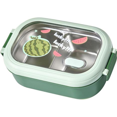 Boîte à lunch Bento portable, sûre et étanche, compartimentée, en acier inoxydable, verte, idéale pour les élèves, l'école et le bureau. (1/5)