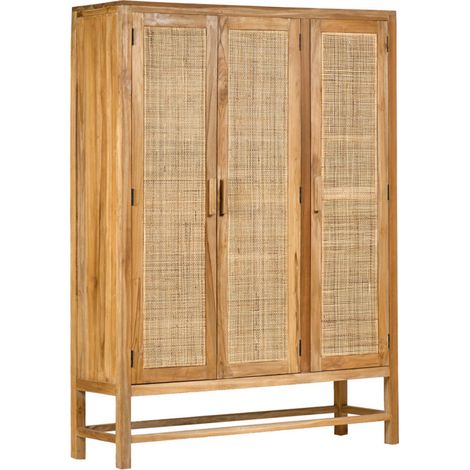 Armoire 3 portes en teck massif et cannage rotin H. 180 cm – 2 tablettes – Intérieur L 123 cm x H 45,5/47,5 cm x P 35 cm – Meubletmoi (1/5)