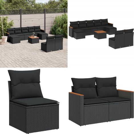 Set Divani da Giardino 10pz con Cuscini in Polyrattan Nero - Sedute da esterno - Cuscini da giardino