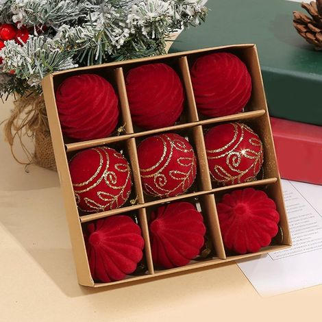 Boule De Décoration De Noël - 9 Pièces - Diamètre 6 cm - Matière Velours - Rouge Vert Blanc - Pour Arbre De Noël (1/5)