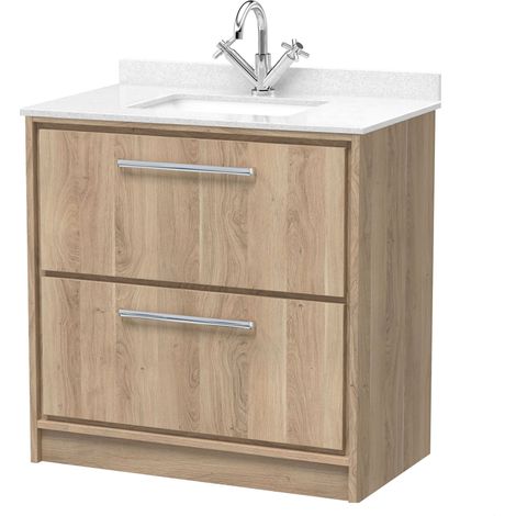 Longnor 2 Drawer Floor Standing Vanity Unit with Square Basin and Marble Worktop, Light Oak, 800mm