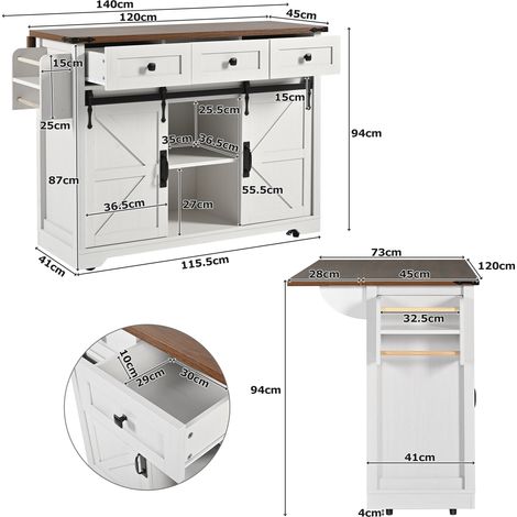Îlot de cuisine, desserte avec plan de travail extensible, chariot de cuisine sur roulettes, meuble de cuisine à 2 portes coulissantes et 3 tiroirs, chariot de service finition bois, meuble de cuisine (1/5)