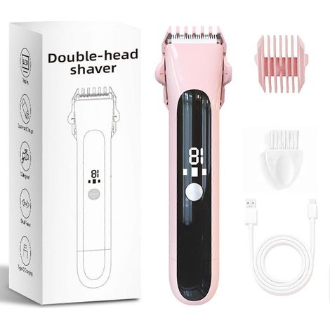 Tondeuse bikini 2 en 1 pour femmes, rasoir électrique rechargeable utilisable sur peau sèche ou humide, pour le visage, le corps, le maillot, les jambes, les aisselles et les zones intimes. Rose. (1/4)
