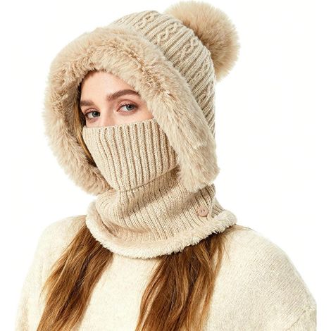 Ensemble bonnet et cache-cou tricoté chaud pour femme, doublé polaire, masque ajustable (1/5)