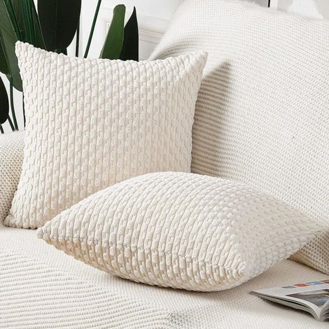 Set of 2 Boho Striped Corduroy Cushion Covers, Soft Decorative Cushion Covers for Sofa, Bedroom, Cream White, 40 x 40 cm