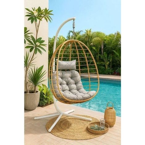 Fauteuil oeuf suspendu - PALAVA - Structure en acier - Tissage en rotin synthétique - D95 x L98 x H200 cm (1/5)