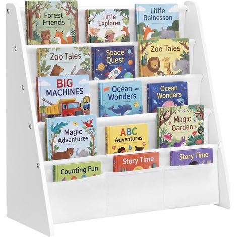 Bibliothèque Enfant, Étagère à Livres 4 Niveaux, Panneau MDF et Tissu, Meuble de Rangement, 62,4 x 25 x 60 cm, pour Chambre d'enfant, Blanc Nuage (1/5)