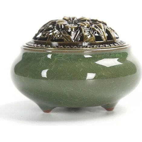 DEESSE SHOP - Brûleur d'encens en céramique, brûleur d'encens de style classique avec porte-encens calebasse en laiton et couvercle en métal, accessoire décoratif pour la maison (B) (1/5)