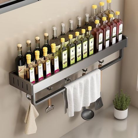 Étagère à épices murale sans perçage Organiseur suspendu pour cuisine et salle de bain avec 5 crochets tige 40 cm (1/4)