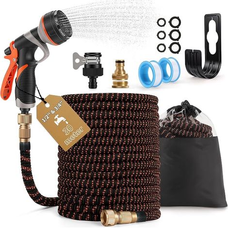 Tuyau d'Arrosage Extensible Enrouleur Pistolet d'arrosage Tuyau Jardin Flexible Retractable Raccord Métal Jardin Terrasse Nettoyage (1/5)