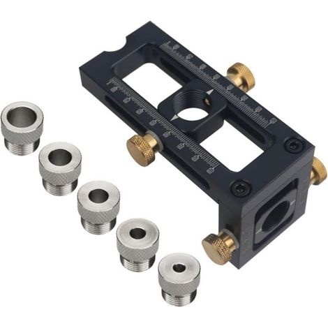 Kit 2 in 1 con localizzatore per punte da trapano per legno regolabile, localizzatore per viti del telaio del letto e guida per fori di tassello, completo di 4 bussole per punte (6/8/10/12/15 mm) (1/4)