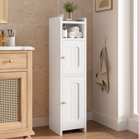 MODFU – Meuble rangement étroit 20x20x80 cm panneaux particules – Étagère réglable et niches – Portes et anti-basculement – Entrée – Blanc (1/5)