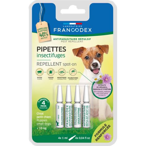 4 Pipettes Insectifuges Chiots, petits Chiens de moins de 10 kg formule renforcée - Francodex