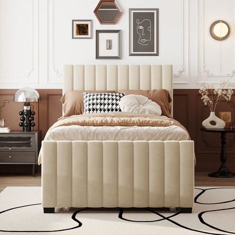 Lit rembourré 90 x 190 cm avec lit gigogne, lit enfant/junior en velours doux, lit d'appoint beige – confort haut, design moderne (1/4)