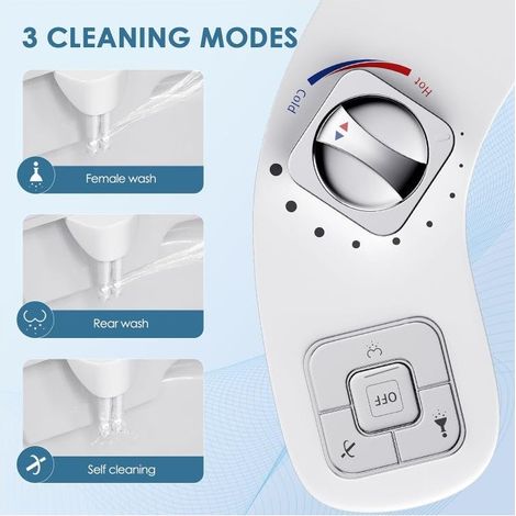 Ensemble WC bidet non électrique avec douchette intégrée, rehausseur de siège de toilette extensible, double buse autonettoyante et pression d'eau réglable (1/4)