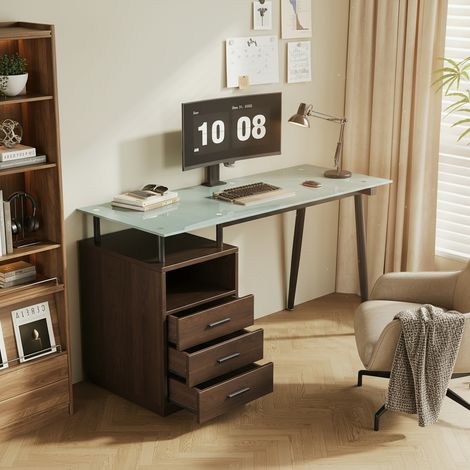 Bureau 130x50x75 cm avec plateau en verre trempé, 3 tiroirs et niche ouverte, structure en acier, marron (1/5)
