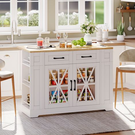 Isla de cocina plegable de 120 cm con enchufe, USB, puertas de cristal y ruedas HAVRYA (1/5)