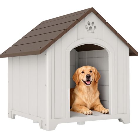 PawHut caseta para perros exterior, casa para perros grandes de plástico impermeable con 2 ventanas, base elevada, estacas, 88x79x89 cm, marrón oscuro