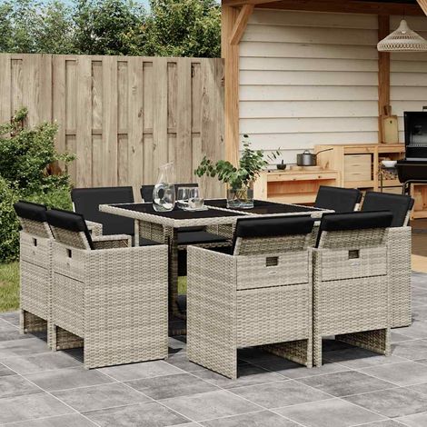 Salon de jardin 9 pièces avec table, 8 chaises et coussins en résine tressée gris clair, 74kg - PANGIVO (1/5)