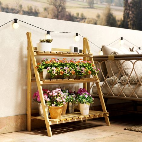Étagère à Plantes Pyramidale Pliable en Bois 3 Niveaux, Design Échelle, Dimensions 80x37x93cm, Finition Marron, Idéale pour Intérieur, Balcon et Jardin