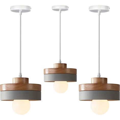 3x Suspension Luminaire Intérieur Vintage,Moderne Lustre Industriel en Bois Design Colonne E27 Lampe de Plafond Style Nordique (1/5)