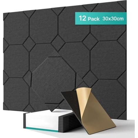 Lot de 12 panneaux insonorisants autocollants, panneaux muraux insonorisants haute densité, rembourrage insonorisant en polyester, 30 x 30 x 1 cm (1/5)