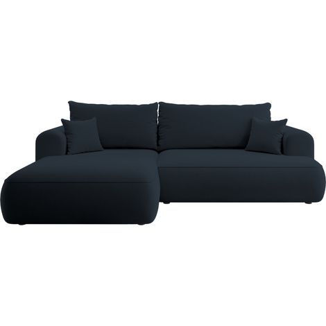 Selsey - Eckschlafsofa Ovo in L-Form aus marineblauem Velours mit einem Behälter aus pflegeleichtem Stoff, linke Seite