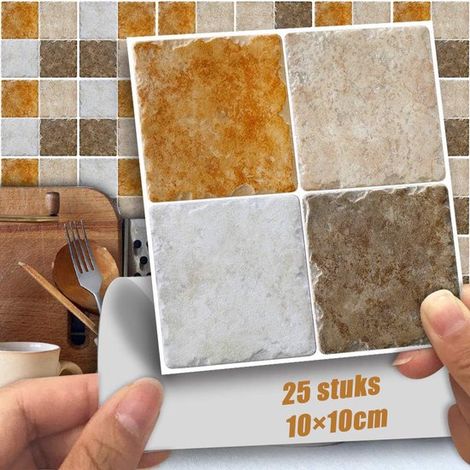 Carrelage adhésif mural 25 pièces 10 x 10 cm – Panneaux autocollants résistants à l’eau – Revêtement mural pour cuisine et salle de bains – Décoration facile à poser (1/5)