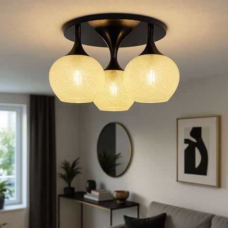 Lampada da soffitto cristalli soggiorno lampada da soffitto palla di vetro rotonda camera da letto, metallo nero cromo, 3x E27, DxH 45x27,5 cm