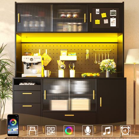 Buffet haut laqué noir brillant 140x40x180cm avec LED multicolores modulables par app, perforée DIY, portes coulissantes verre et porte magnétique charge maximale 60kg pour cuisine salle à manger (1/5)