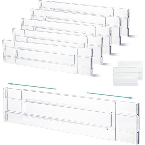 6 Pièces 27,5 52cm Séparateur Tiroirs Réglable Organisateur de Tiroir Transparent Tiroir Extensibles pour Vêtements Coiffeuse Garde robe Cuisine Taille (1/5)