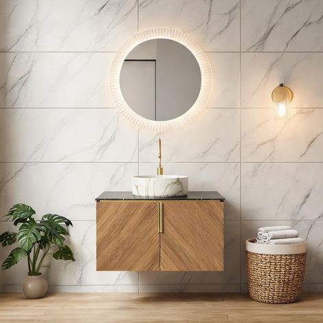 Meuble sous vasque mural 76 cm chêne brun céramique blanche (1/5)