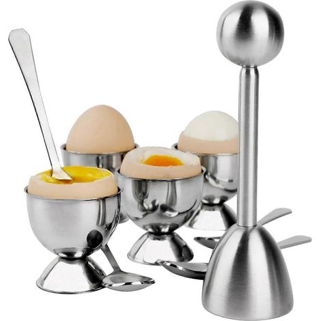 Inox œuf cracker topper lot, hard boiled œufs separator support, 4 cuillères, 4 tasses, 1 shells remover top coupe (1/5)