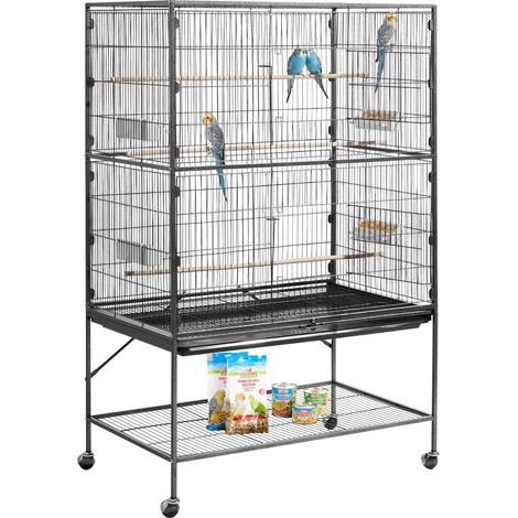 Canari, calopsitte, perruche : cage oiseaux pour intérieur avec toit plat, plateau coulissant et mangeoires (1/5)