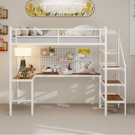 Lit mezzanine avec bureau en L 90x190 cm, rangements, étagères, escalier, barrière sécurité