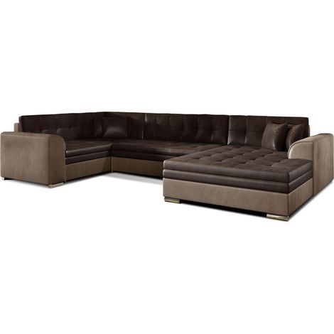 Canapé panoramique convertible CALDERO 5 places marron – angle droit – 4 coussins (1/5)
