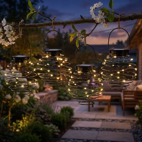 LED Solarleuchte Hängelampe Bienennest Solarlampe Garten Spirale anthrazit Außenleuchte, 18x LED warmweiß, D 15 cm, 4er Set