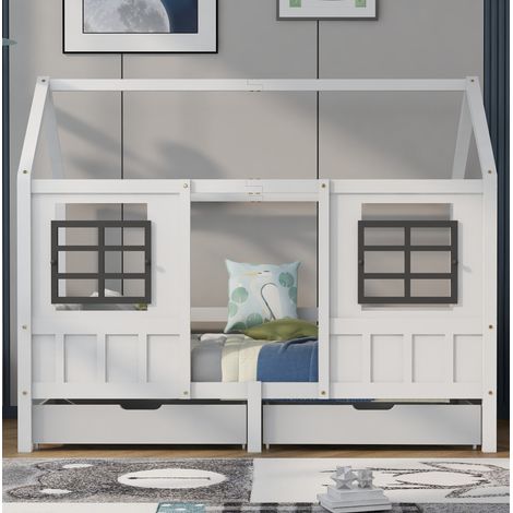 Cama cabaña infantil 200x90 cm de madera blanca con 2 cajones, sin colchón – MEUBLIV (1/5)