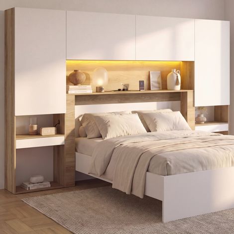 Estribo de cama BRIDGET XXL de 265 cm con espacio de almacenamiento, armario, regleta eléctrica y luces LED en madera y blanco (1/5)