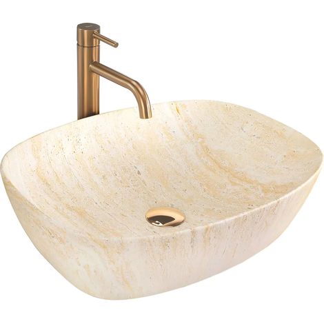 REA – Vasque à poser ovale en céramique sanitaire imitation pierre – Longueur 510mm – Largeur 395mm – Finition mate – Trou de trop-plein 0